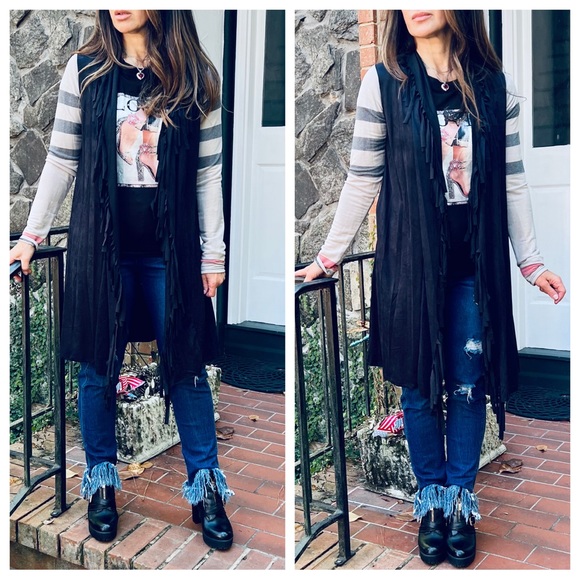 #24 Chic plaid sleeves fringe trim open cardigan - Picture 5 of 6